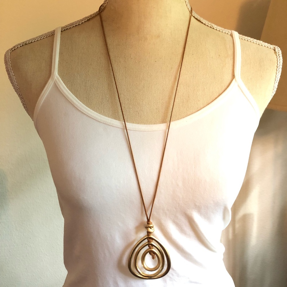 Handcrafted genuine suede knotted cord matte gold teardrop ring pendant necklace